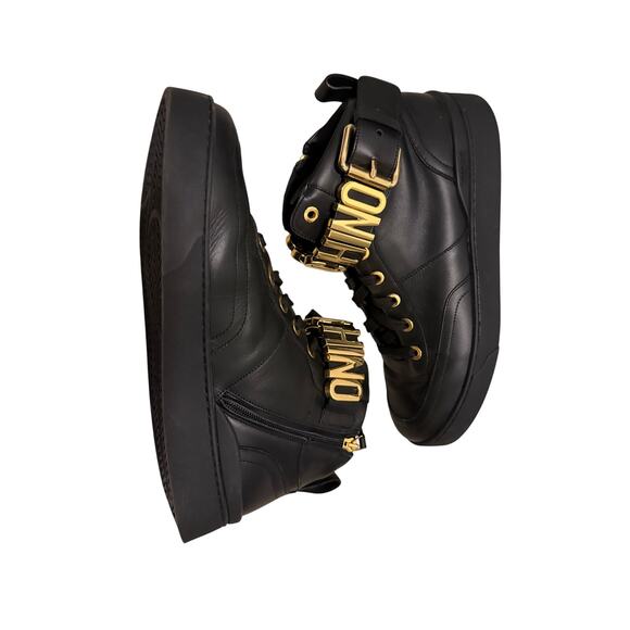 Moschino Black Leather High Top Boots Gold Logo Chain Lace Up Sneakers